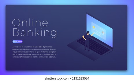 Online banking. Online bank app isometric concept. Online banking hero image design