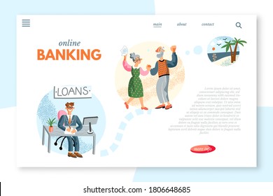 Online banking banner concept. Elderly couple gets loan for trip on sea vacation. Grandparents rejoice in trip. Vector character illustration of installment tour, travel company, consumer credit