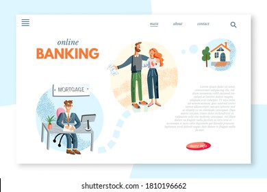 Online banking banner concept. Happy couple received mortgage on their own home. Bank loan for real estate. Vector character illustration of consumer credit, home purchase, bank program, finance