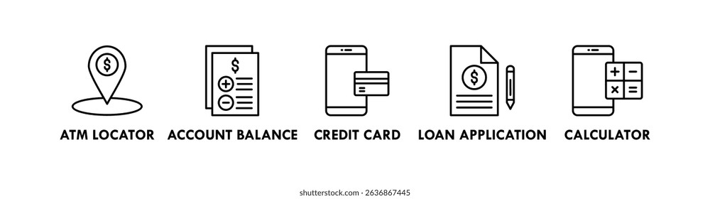 Online Banking banner web icon illustration concept with icon of atm locator, account balance, credit card, loan application, and calculator
