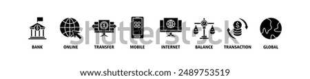 Online banking banner web icons vector illustration concept with icon of account, online payment, transfer funds, mobile banking, internet banking, balance check, transaction report, global transfer