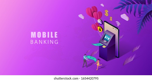 Online Banking for banner and website. Isometric mobile phone and internet banking. Digital technology transfer pay. Online payment security transaction. Vector illustration.