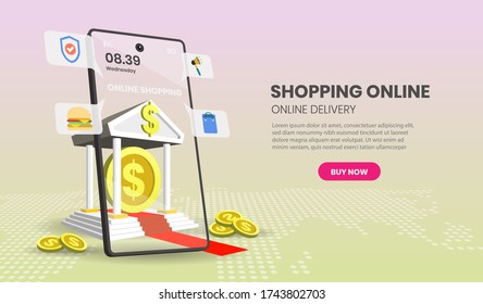 Online Banking for banner and website. Perspective landing page template. Online bank payment or customer support. Vector illustration.