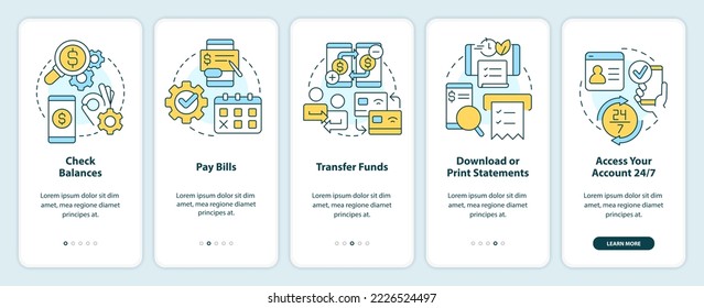 Online banking benefits onboarding mobile app screen. Digital wallet walkthrough 5 steps editable graphic instructions with linear concepts. UI, UX, GUI template. Myriad Pro-Bold, Regular fonts used