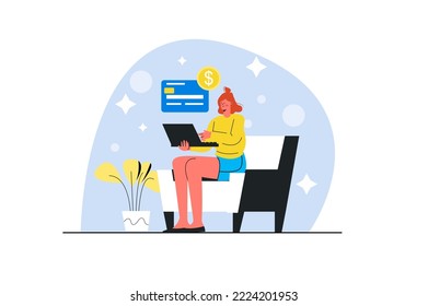 Online banking blue concept with people scene in the flat cartoon design. Girl pays for all purchases through a laptop using online banking. Vector illustration.