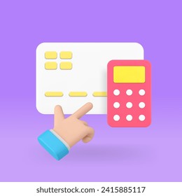 Online banking budget accounting card calculator with business man hand click cursor 3d icon realistic vector illustration. Checking financial balance expenses and earnings on digital bill account