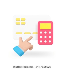 Online banking budget accounting card calculator with business man hand click cursor 3d icon realistic vector illustration. Checking financial balance expenses and earnings on digital bill account