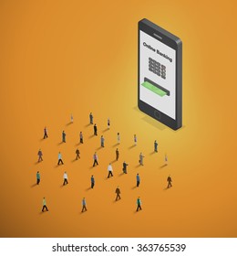 Online banking business concept. Send money via smart phone. People walking to smart phone. Isometric illustration vector.