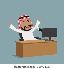 Online banking, business or e-commerce concept design. Happy arabian businessman receiving a diamond from business partner or bank online through world wide web