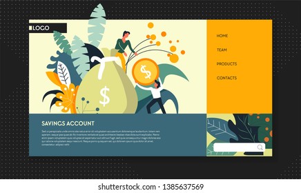 Online banking business  finance savings account web page template vector gold coins earnings protection online money storage cash and gold coins finance app accounting businessmen and entrepreneurs