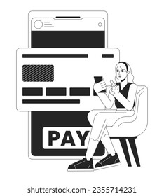 Online banking bw concept vector spot illustration. Woman paying for purchases by credit card 2D cartoon flat line monochromatic character for web UI design.editable isolated outline hero image