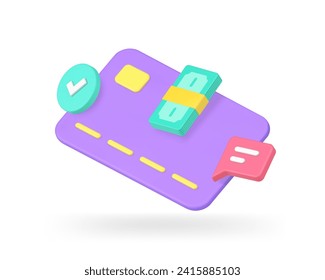 Online banking card and cash e money payment top up account confirmation 3d icon realistic vector illustration. Business financial currency exchange investment credit savings digital wallet