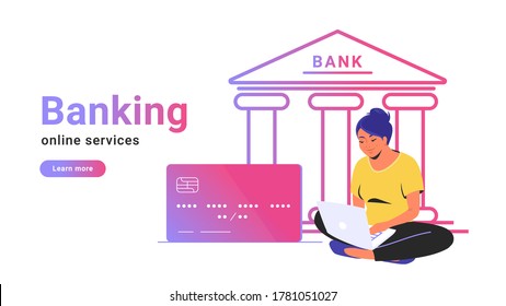 Online banking for checking account, investing and funding. Flat line vector illustration of woman sitting alone in lotus pose with laptop, credit card and bank icon behind on white background card