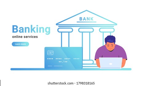 Online Banking For Checking Account, Investing And Funding. Flat Line Vector Illustration Of Man Sitting Alone Working On Laptop With Credit Card And Bank Icon Behind On White Background