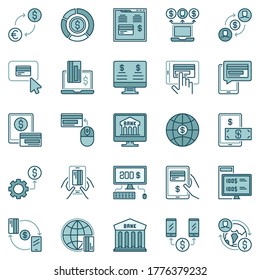 bunte Vektorsymbole im Online-Banking. Konzept für Mobile Payment, Kreditkarte und Geldtransaktionen Kreativzeichen oder Logo-Elemente