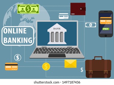 Online banking, communication with the bank through a laptop. Mobile banking. Wallet, business briefcase, letter, banknote, credit card. Vector illustration 