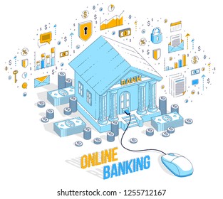 Online Banking concept, bank building with computer mouse connected isolated on white background. Vector 3d isometric business illustration with icons, stats charts and design elements.