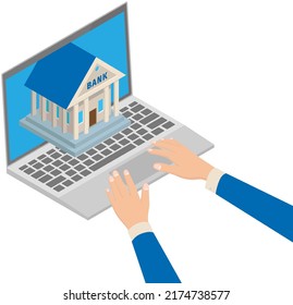 Online banking concept with bank in computer, hands pressing keys on keyboard, offering house through screen. Financial operations, fund management, transfer between banks and accounts operation