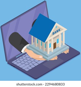 Online banking concept with bank in computer, hands pressing keys on keyboard, offering house through screen. Financial operations, fund management, transfer between banks and accounts operation