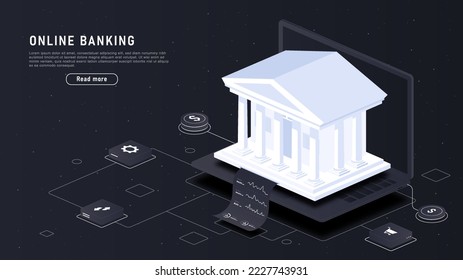 Online banking concept. Cashless transfers and payments, ewallet and online shopping. Big building with check. Financial literacy, budget. Poster or banner. Cartoon isometric vector illustration