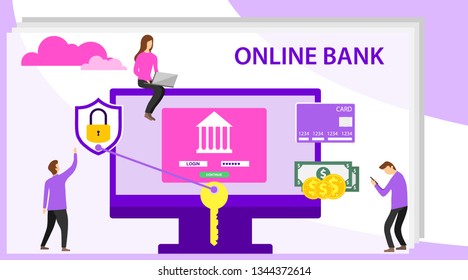 Online banking concept with character. Mobile banking concept illustration of people using computer and mobile smart phone for online banking and accounting. Web concept for online banking.