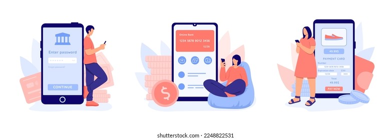 Online banking concept. Characters use smartphone to login into bank account to manage bill. Girl makes purchases through mobile application in online store. Vector illustration