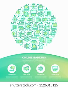 Online banking concept in circle with thin line icons: deposit app, money safety, internet bank, contactless payment, credit card, online transaction. Modern vector illustration, print media template.