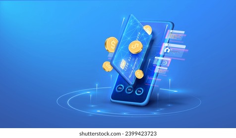 Online banking concept. Credit card payment. 3D phone. Digital money pay. Online bank wallet. Digital technology transfer pay. Vector illustration