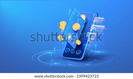 Online banking concept. Credit card payment. 3D phone. Digital money pay. Online bank wallet. Digital technology transfer pay. Vector illustration