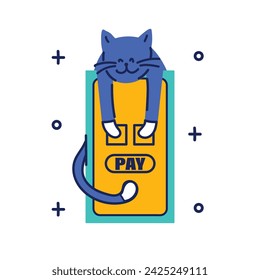 Online-Banking-Konzept mit niedlicher Katze. Flache Vektor-Illustrationsvorlage, Bankinvestition, Einlagen, Börsen, Geldschutz, Sparen und Finanzen, E-Wallet, Digitales Banking