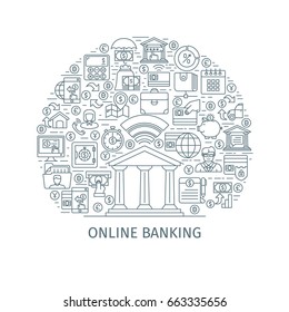 Online banking concept. Design template with thin line icons on theme internet bankig, online payments and bank wire transfer. Vector illustration
