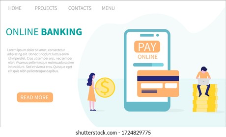 Banca en línea. Concepto de pago y transacción electrónicos. La gente transfiere dinero con atm en un smartphone. Plantilla de página de inicio. Ilustración vectorial para diseño web y gráfico.