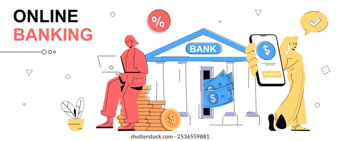 Concepto de banca en línea en diseño plano de dibujos animados para el Anuncio de Web. Personas de gestión de Cuentas financieras desde el App de teléfonos inteligentes o la página del banco desde la computadora portátil, haciendo transacciones, ahorrando dinero. Ilustración vectorial.