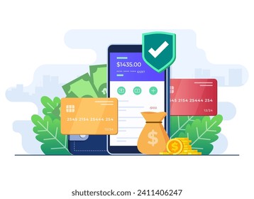 Online banking concept flat illustration vector template, Secure mobile banking app, Internet money transfer, E-banking, E-wallet, Sending and receiving money, Digital payment, Credit or debit card