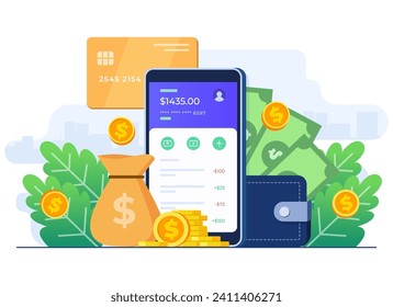 Online banking concept flat illustration vector template, Secure mobile banking app, Internet money transfer, E-banking, E-wallet, Sending and receiving money, Digital payment, Credit or debit card