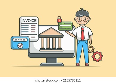 Concepto de banca en línea en diseño de línea plana. Escena de esquema de color del servicio financiero. Hombre con tarjeta de crédito mientras está de pie en un ordenador con sede en el banco y paga la factura. Ilustración vectorial con icono web