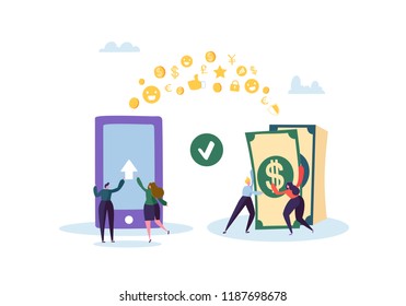 Online Banking Concept. Flat People Characters Sending Money from Mobile Application on Smartphone. Vector illustration
