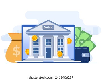 Concept de banque en ligne modèle d'illustration vectorielle à plat, investissement bancaire, dépôts, prêts, échanges, protection monétaire, épargne et finance, portefeuille électronique, banque numérique, 