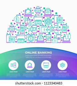 Online banking concept in half circle with thin line icons: deposit app, money safety, internet bank, contactless payment, credit card, online transaction. Vector illustration, web page template.