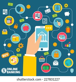 Online banking concept with hand holding smartphone with internet commerce elements vector illustration