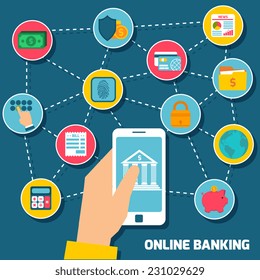 Online banking concept with hand holding smartphone with mobile payment elements vector illustration