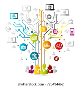 Online banking concept illustration with colorful icons over circuit board