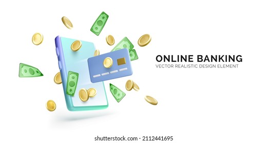Online banking concept. Internet payments and money transfer. 3d mobile phone with fly gold coins and paper money and credit card. Vector illustration - Shutterstock ID 2112441695