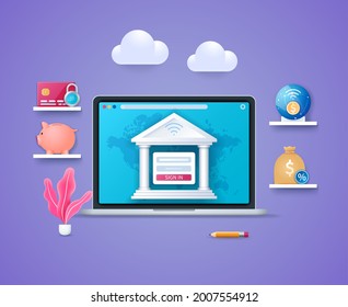 Online banking concept. Laptop with bank building icon on screen. Bank account login window. Web vector illustration in 3D style