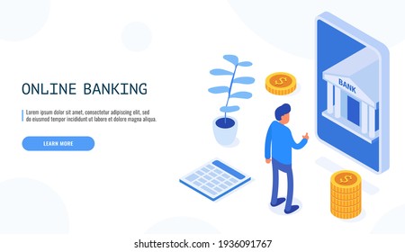 Online banking concept. Man looks at mobile banking on the phone. Isometric web banner. Vector illustration.