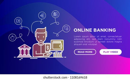 Online banking concept: man with smartphone and virtual wallet. Thin line icons: piggy bank, safe, payment, pos terminal, secure. Modern vector illustration, web page template on gradient background.