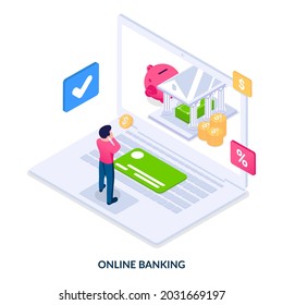 Online banking concept. The man uses banking services via laptop. Finance accounts, operations and services. Isometric vector illustration on white background.