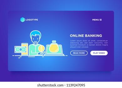 Online banking concept: man using online wallet on laptop and internet bank on mobile phone. Vector illustration, web page template on gradient background.