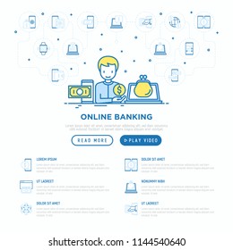Online banking concept: man using online wallet on laptop and internet bank on mobile phone. Vector illustration, web page template.