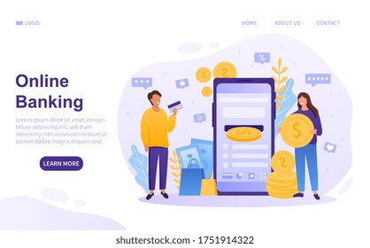 Online Banking concept with mobile app and young man holding a credit card while a woman holds gold coins posting them through a slot on the screen, colored vector illustration